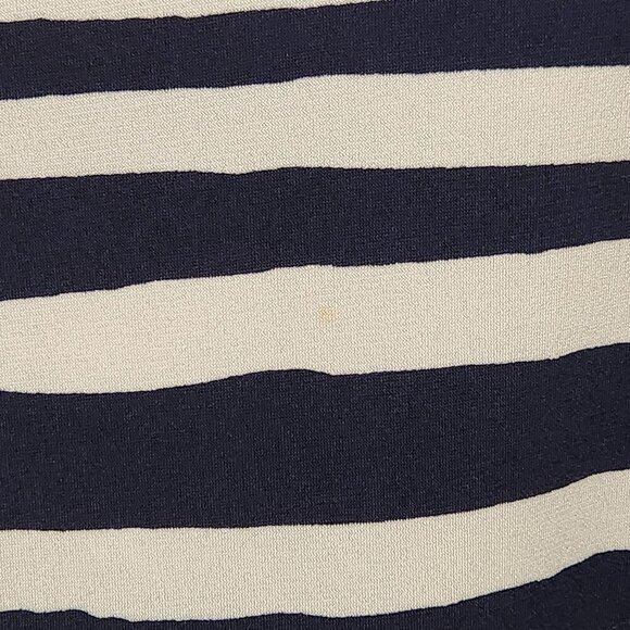 Chico's Size 1 Broken Stripe Knit Top Navy Blue and White 3/4 Sleeve Fringe Hem - Picture 5 of 7